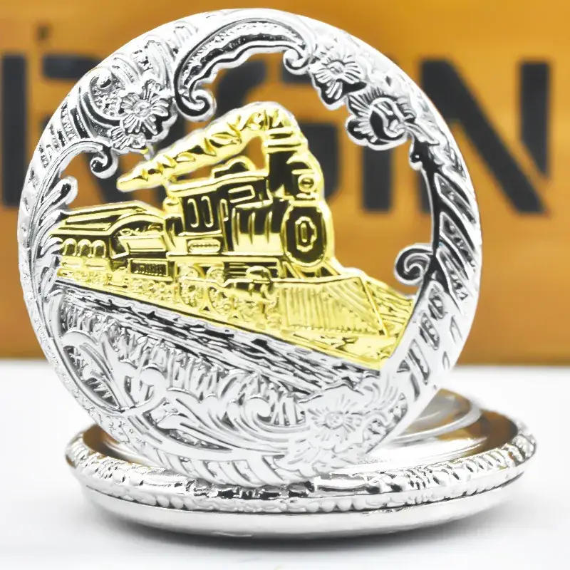 Gold Locomotive Pocket Watch with Chain Strap — feature 3