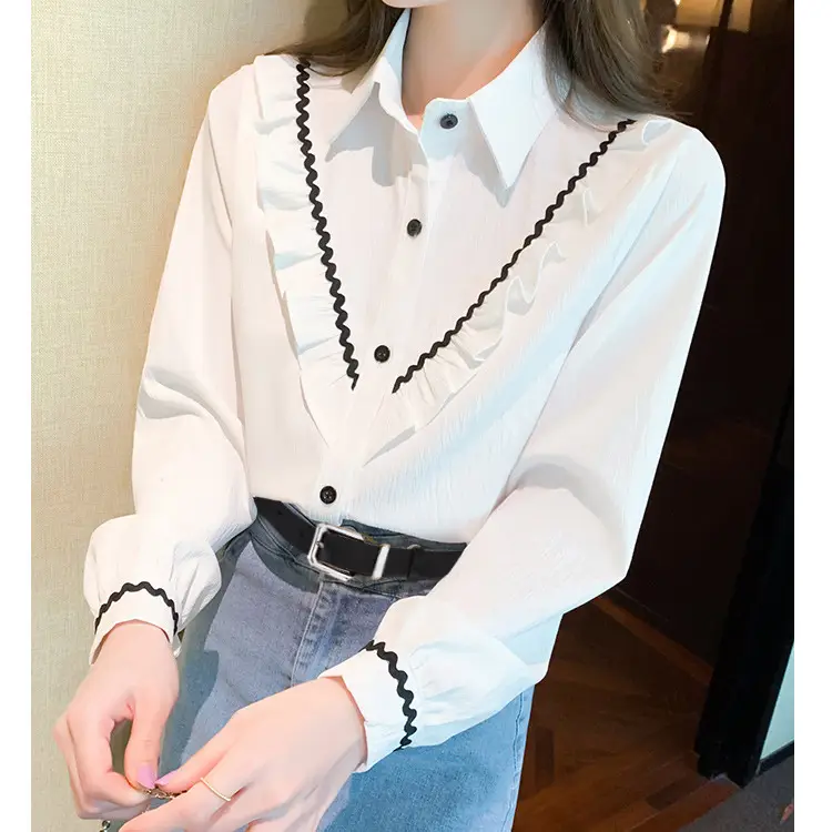Women White Button Down Shirt with Black Embroidered Belt