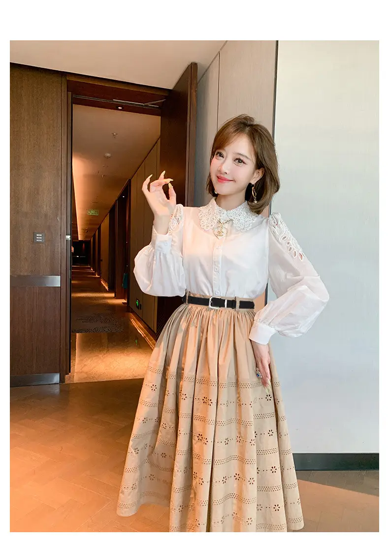 Women White Button Down Shirt with Black Embroidered Belt — feature 6