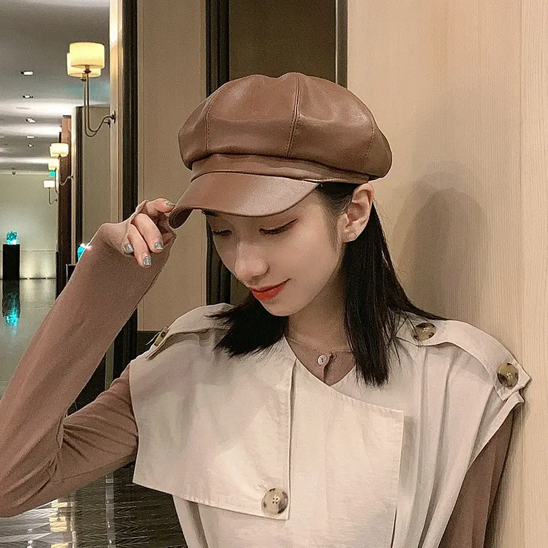 Vintage PU Leather Beret Cap Brown for Boys Girls - Image 2