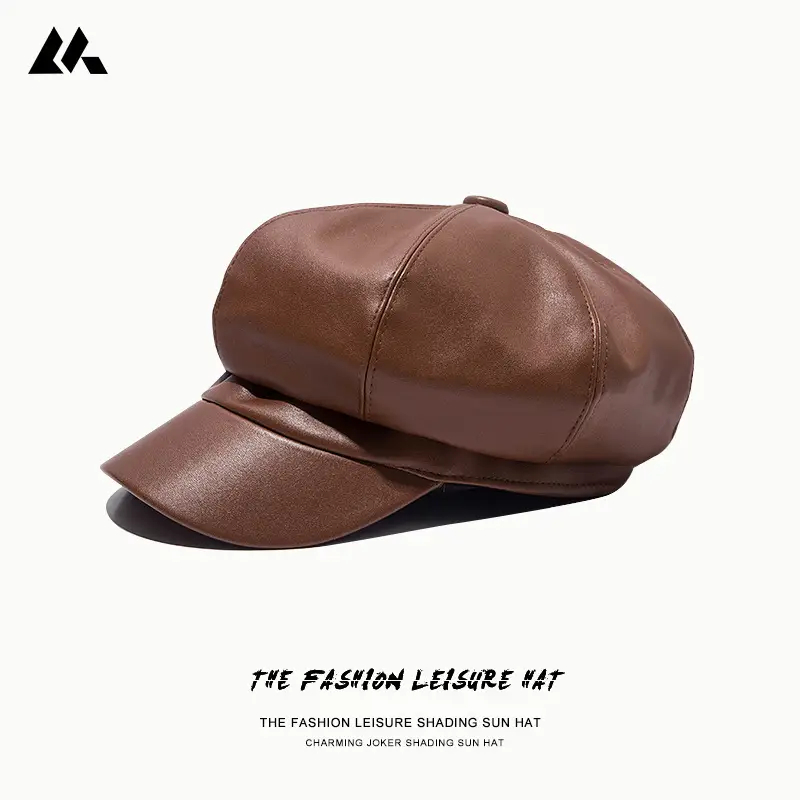 Vintage PU Leather Beret Cap Brown for Boys Girls - Image 4