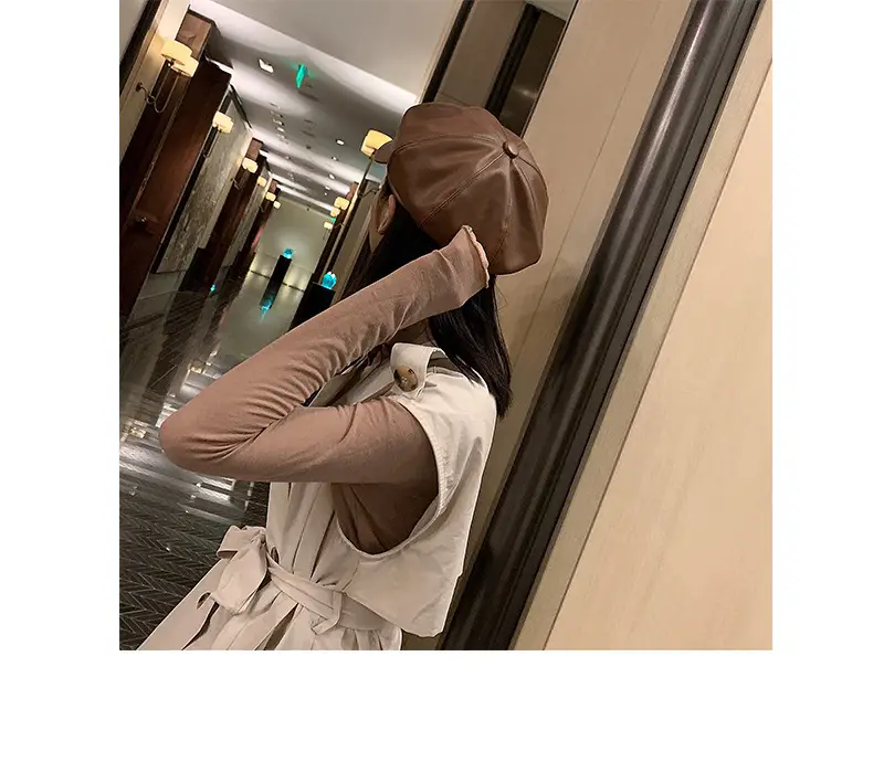 Vintage PU Leather Beret Cap Brown for Boys Girls — feature 11