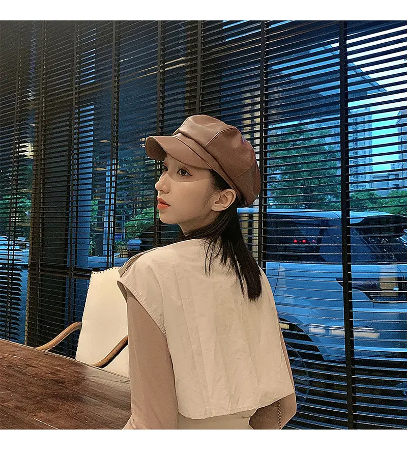Vintage PU Leather Beret Cap Brown for Boys Girls — feature 6