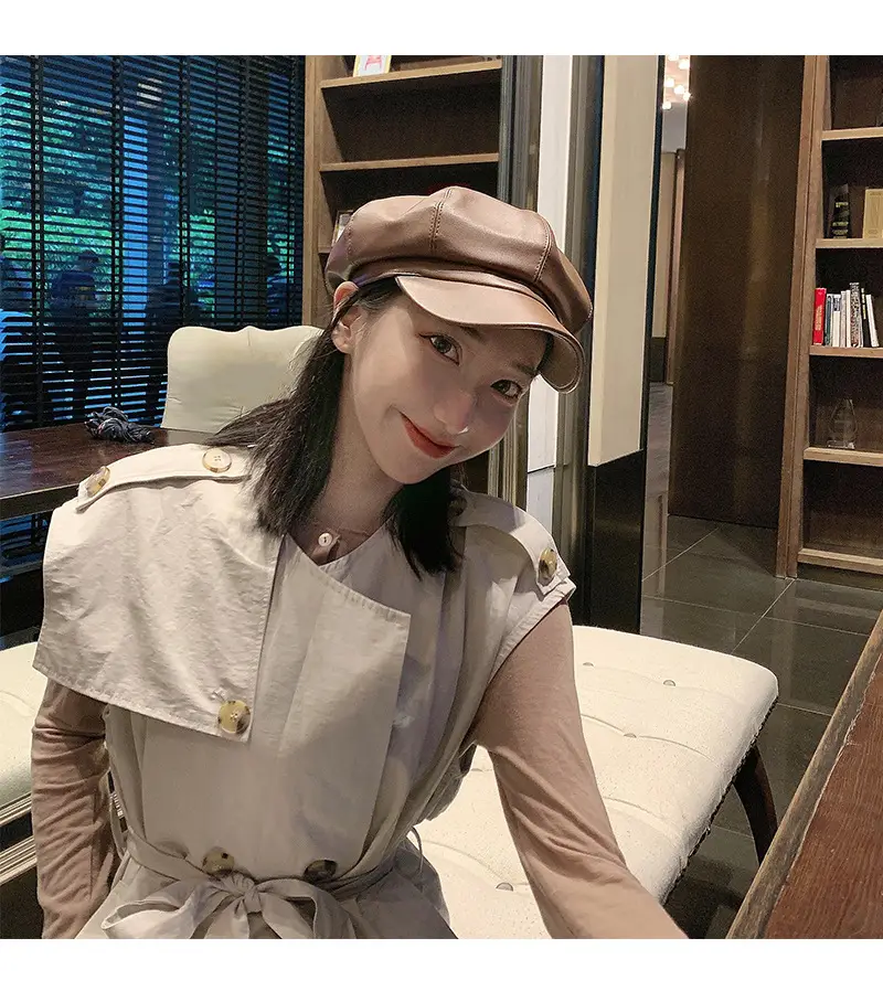 Vintage PU Leather Beret Cap Brown for Boys Girls — feature 8