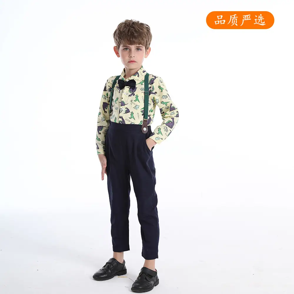 Boys Dinosaur Printed Suit with Bowtie & Overalls - Image 5