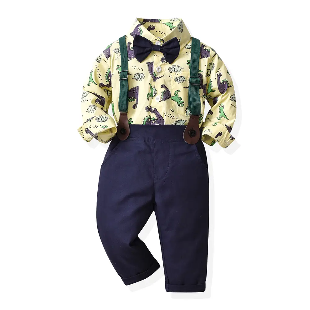 Boys Dinosaur Printed Suit with Bowtie & Overalls - Image 6