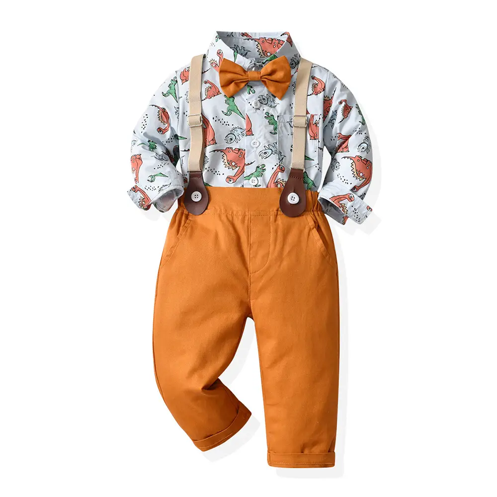 Boys Dinosaur Printed Suit with Bowtie & Overalls - Image 7
