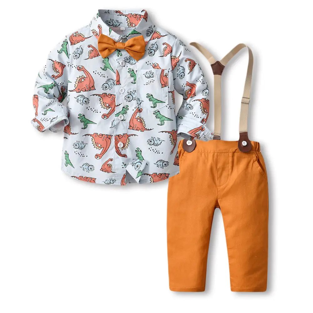 Boys Dinosaur Printed Suit with Bowtie & Overalls - Image 2