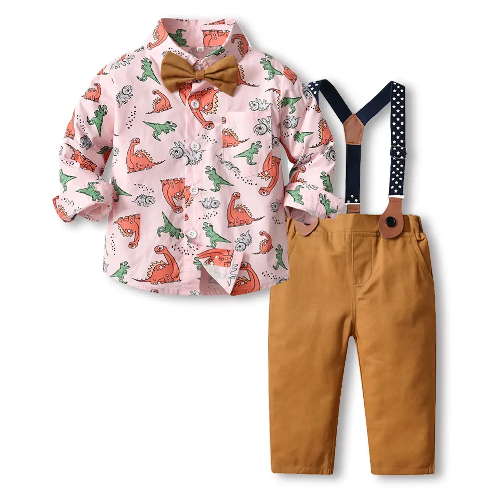 Boys Dinosaur Printed Suit with Bowtie & Overalls - Image 3