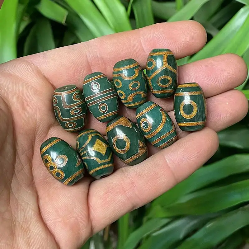Xizang Old Agate Loose Beads 15x22mm Gold Green - Image 2
