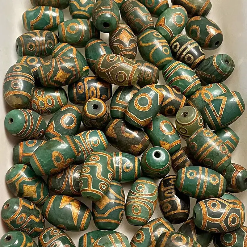 Xizang Old Agate Loose Beads 15x22mm Gold Green - Image 3