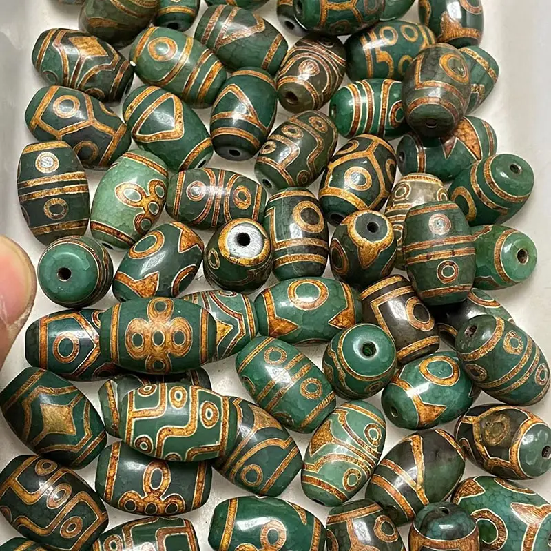 Xizang Old Agate Loose Beads 15x22mm Gold Green - Image 4