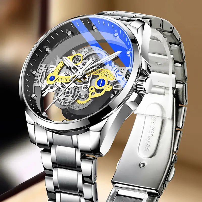 Gold Mechanical Watch with Transparent Face & Luminous Hands - Image 3