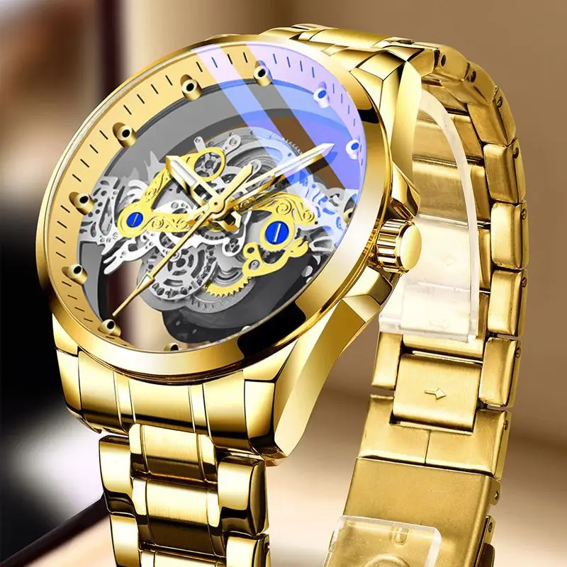Gold Mechanical Watch with Transparent Face & Luminous Hands - Image 5