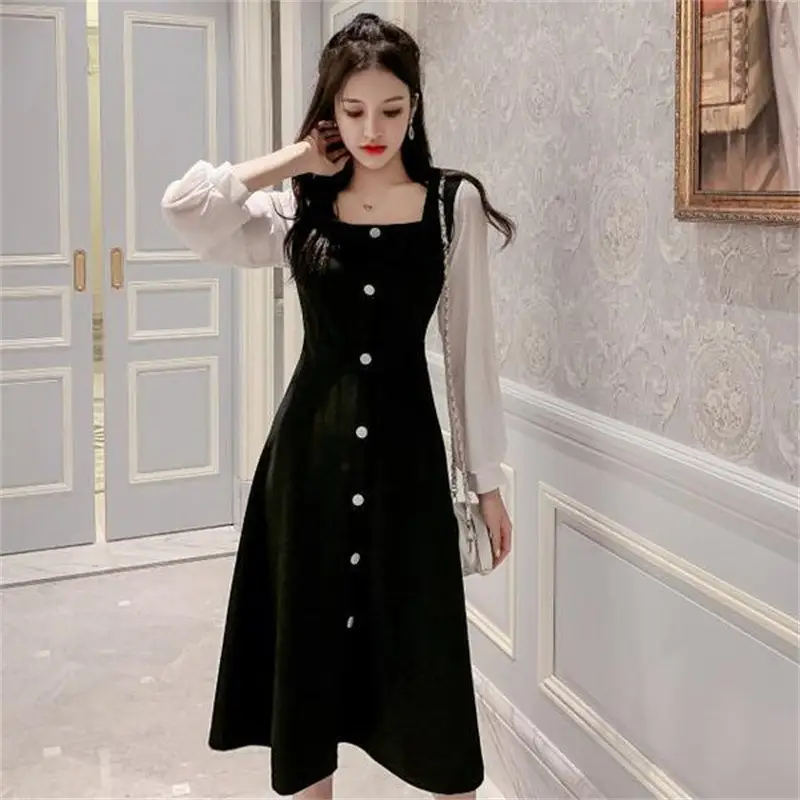 Black Square Collar Long Sleeve Dress for Women - Image 2