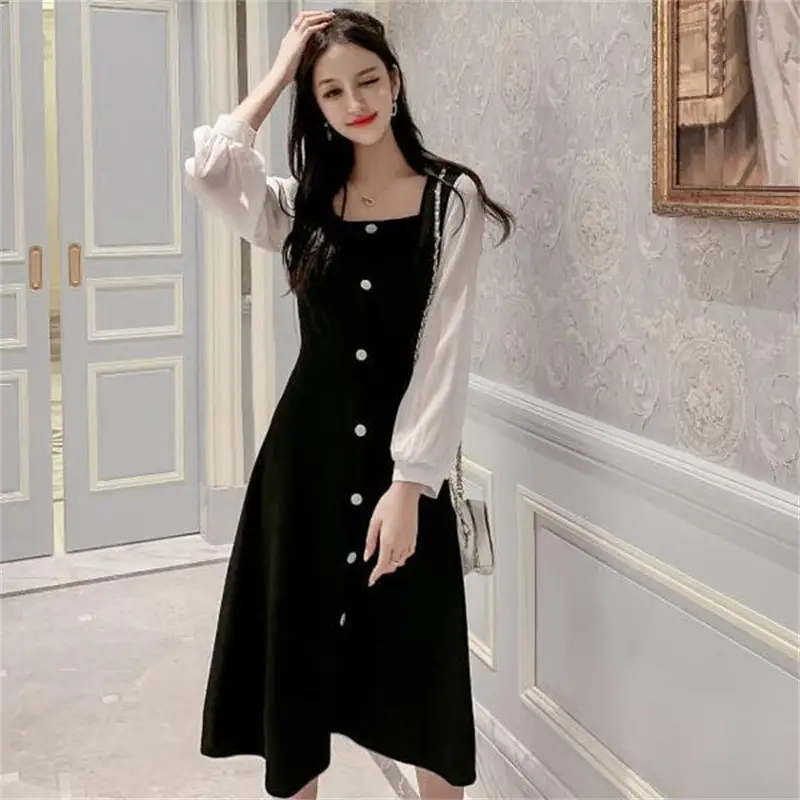 Black Square Collar Long Sleeve Dress for Women - Image 3