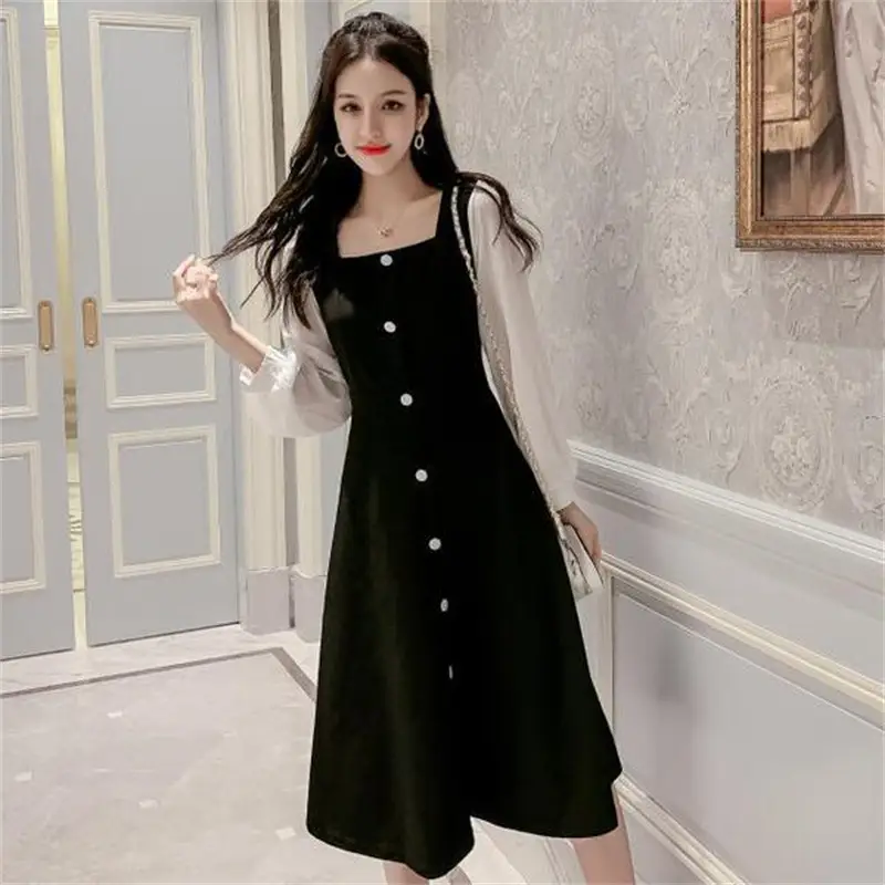 Black Square Collar Long Sleeve Dress for Women - Image 4