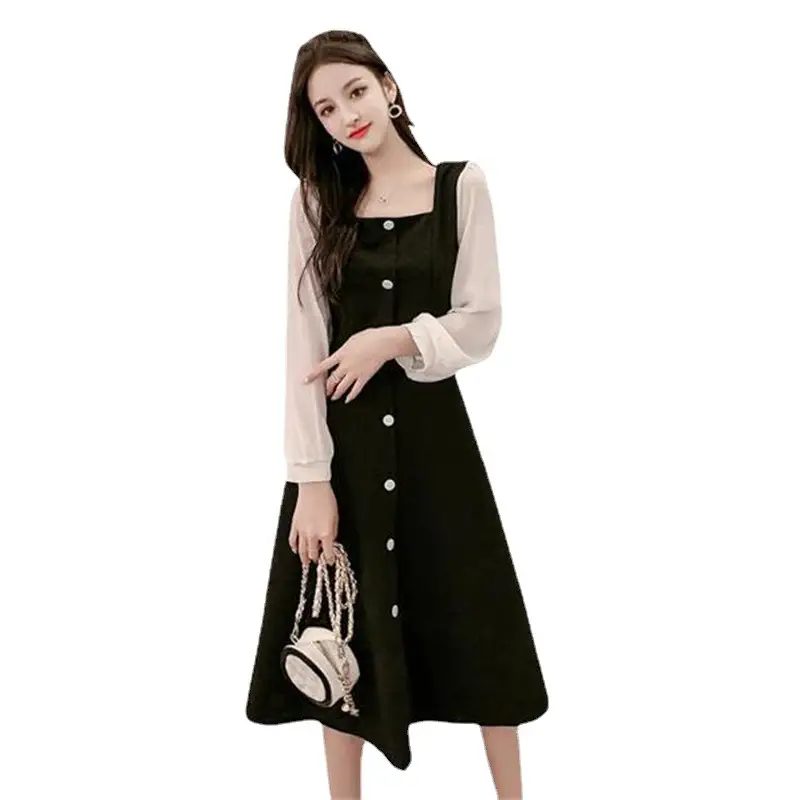 Black Square Collar Long Sleeve Dress for Women - Image 5