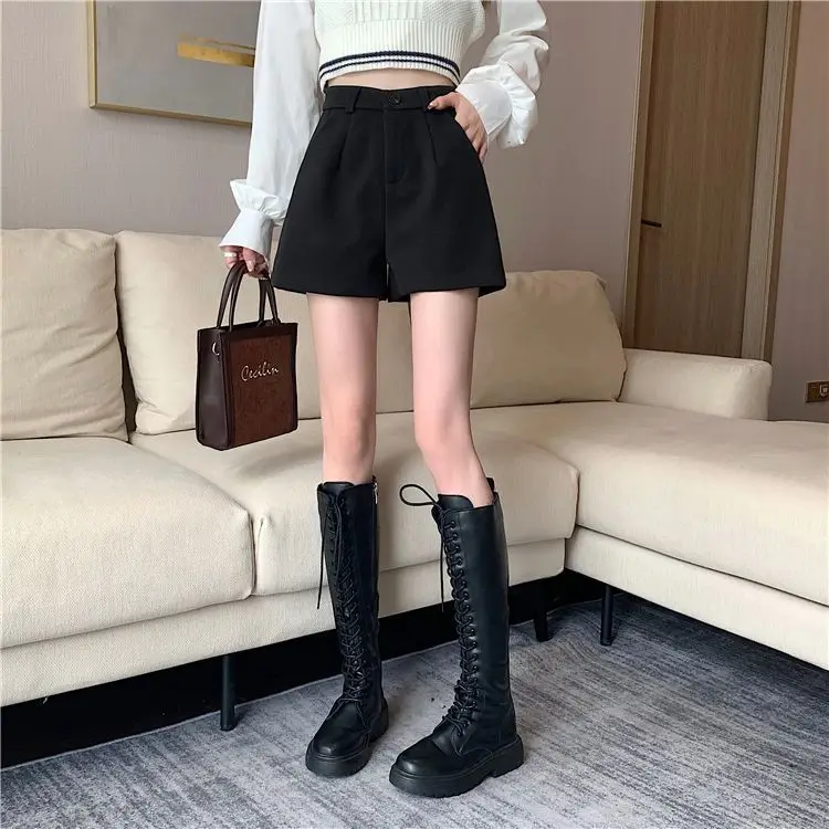 Women's Black High Waist Slimming Wool Shorts Large Size — feature 10