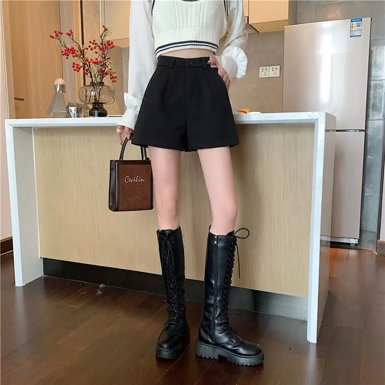 Women's Black High Waist Slimming Wool Shorts Large Size — feature 11