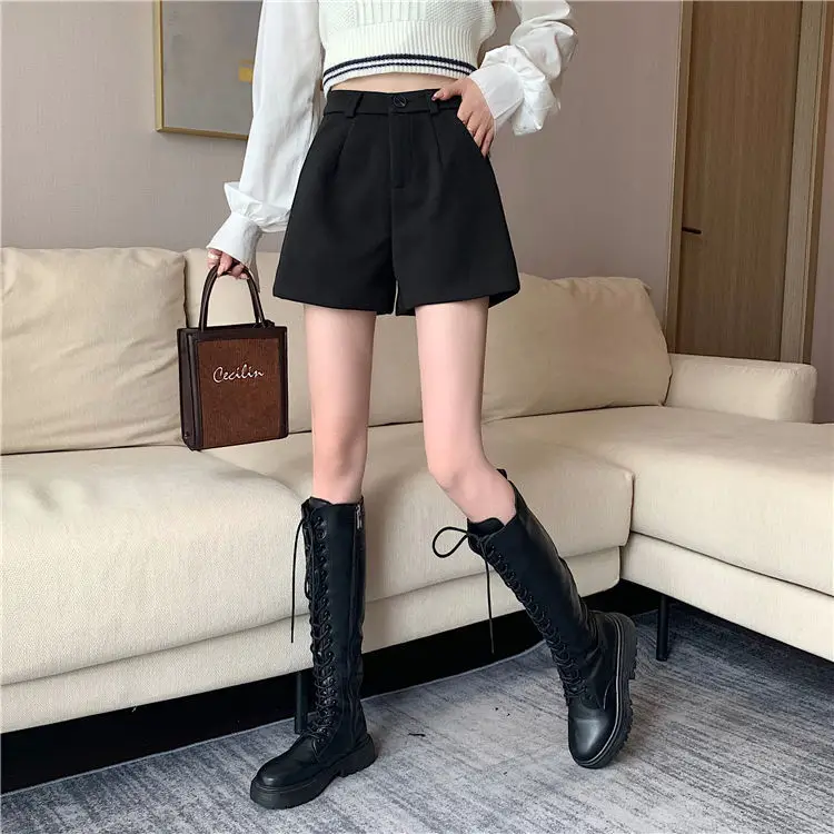Women's Black High Waist Slimming Wool Shorts Large Size — feature 12