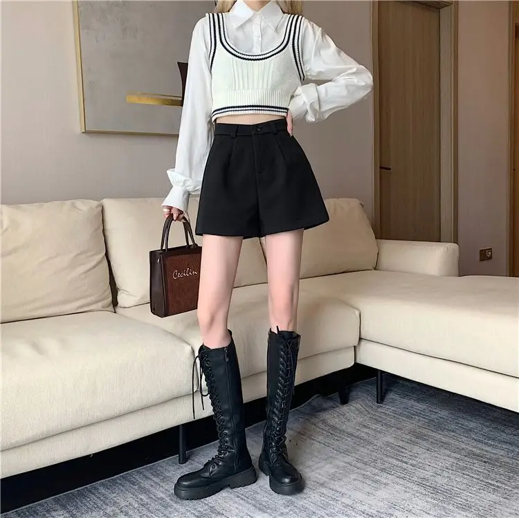 Women's Black High Waist Slimming Wool Shorts Large Size — feature 13
