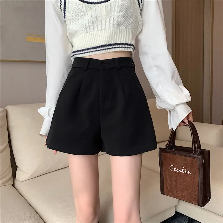 Women's Black High Waist Slimming Wool Shorts Large Size — feature 4