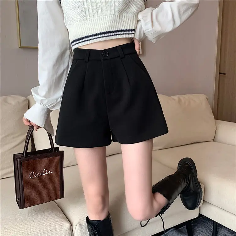 Women's Black High Waist Slimming Wool Shorts Large Size — feature 6