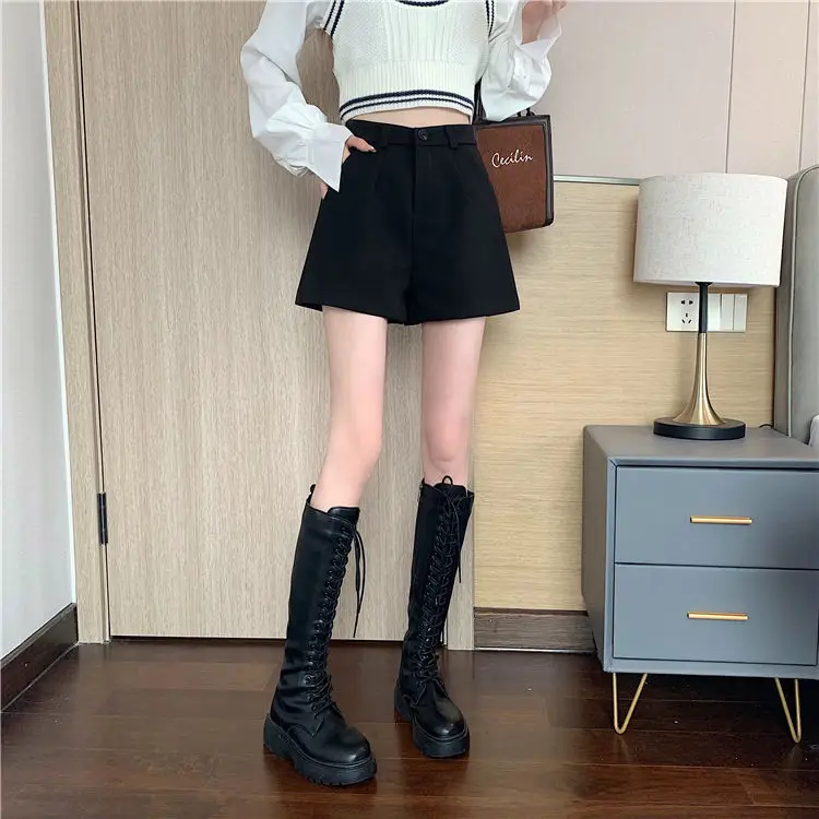 Women's Black High Waist Slimming Wool Shorts Large Size — feature 8
