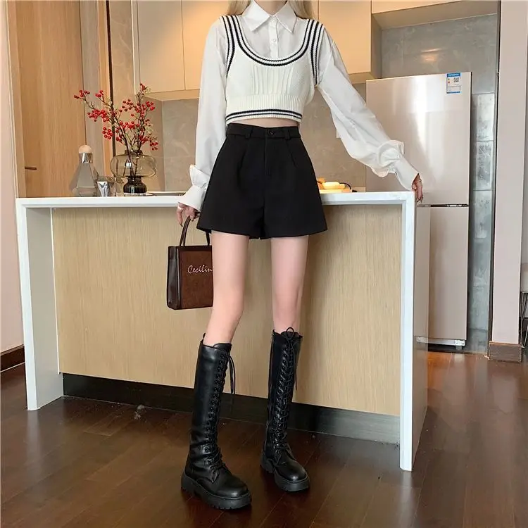 Women's Black High Waist Slimming Wool Shorts Large Size — feature 9