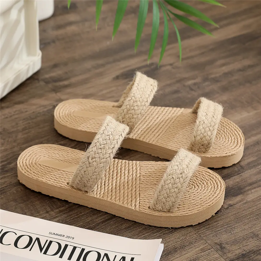 Ethnic Style Imitation Straw Travel Imitation Linen-Soled Women's Sandals Korean Trbottomy Outer Wear Flip-Flops Fashionable Beach Girls' Slippers