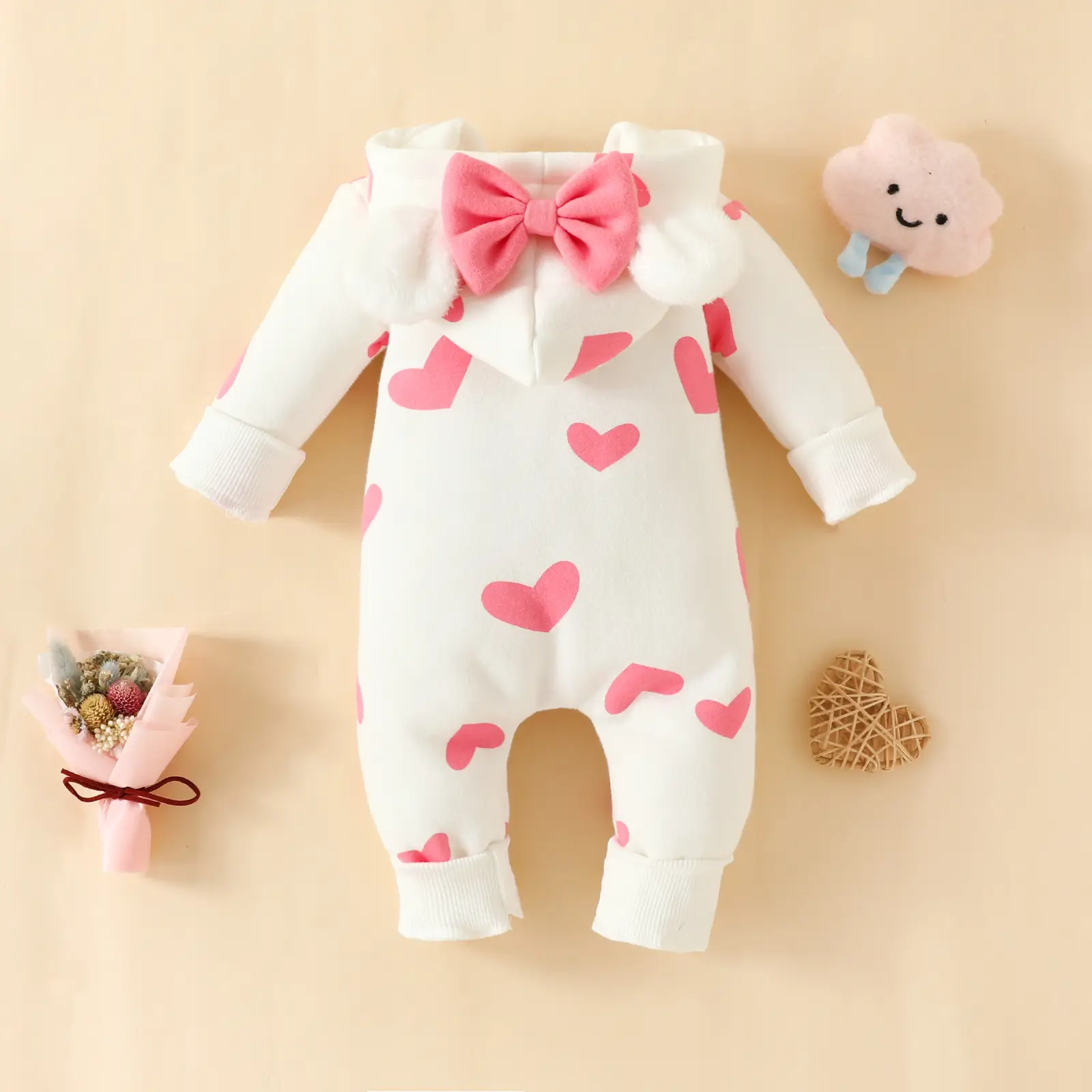 Pink Heart Zipper Hooded Baby Suit for Girls - Image 3