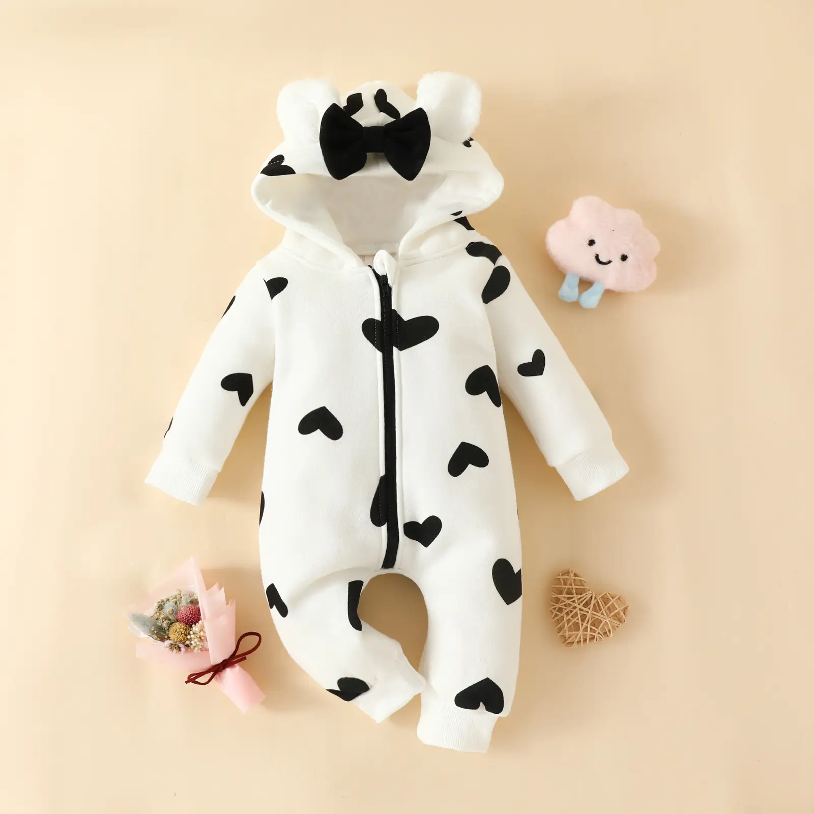 Pink Heart Zipper Hooded Baby Suit for Girls - Image 4