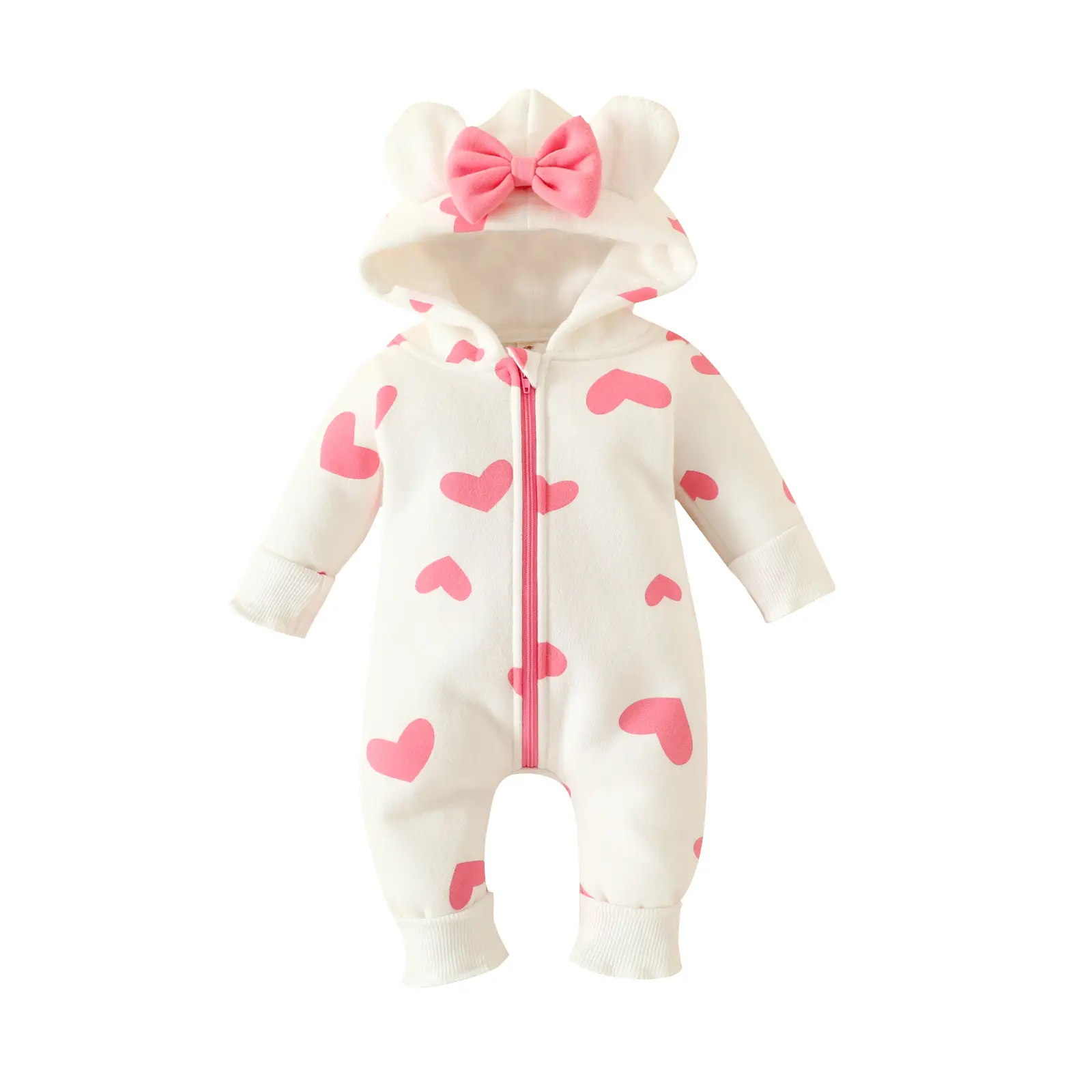 Pink Heart Zipper Hooded Baby Suit for Girls - Image 6