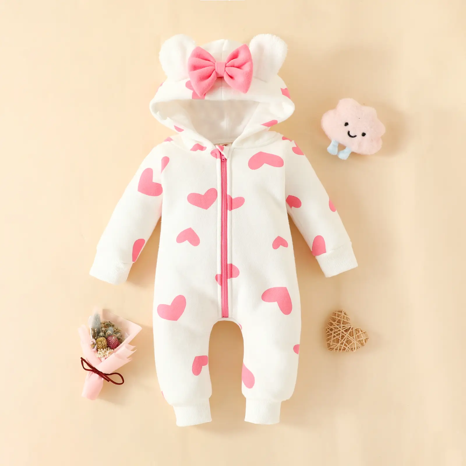 Pink Heart Zipper Hooded Baby Suit for Girls — feature 2