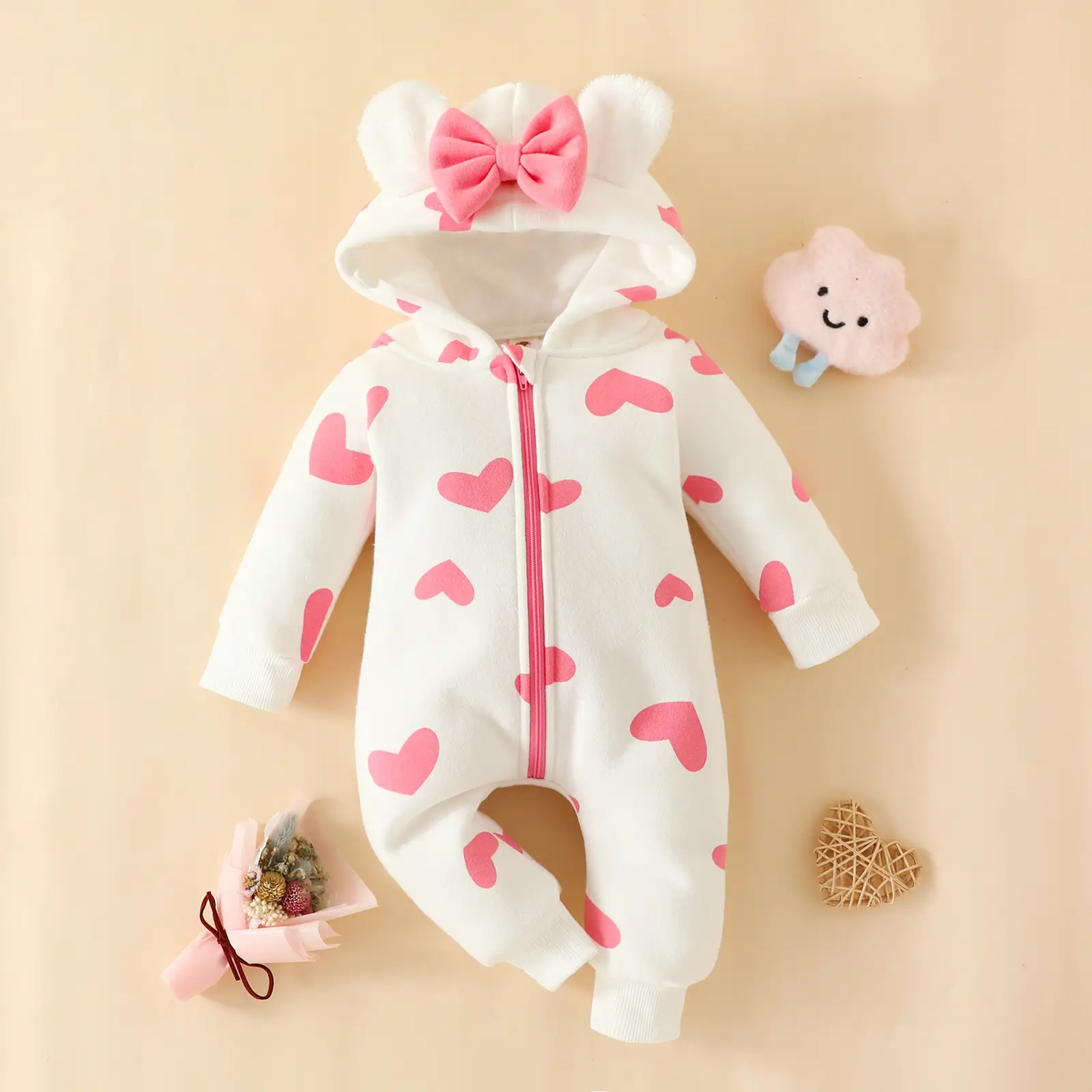Pink Heart Zipper Hooded Baby Suit for Girls — feature 3