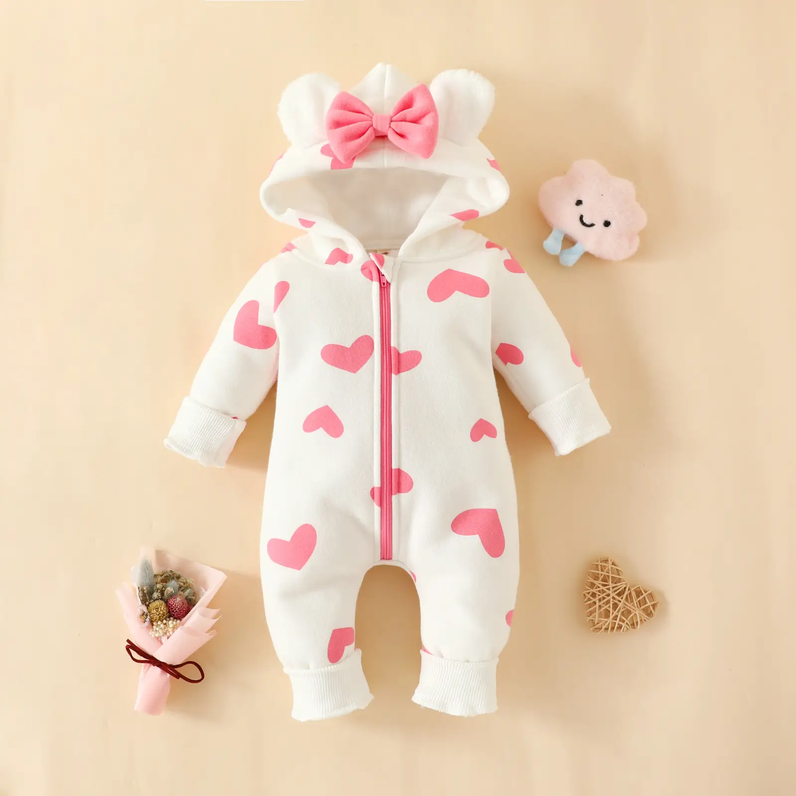 Pink Heart Zipper Hooded Baby Suit for Girls — feature 4