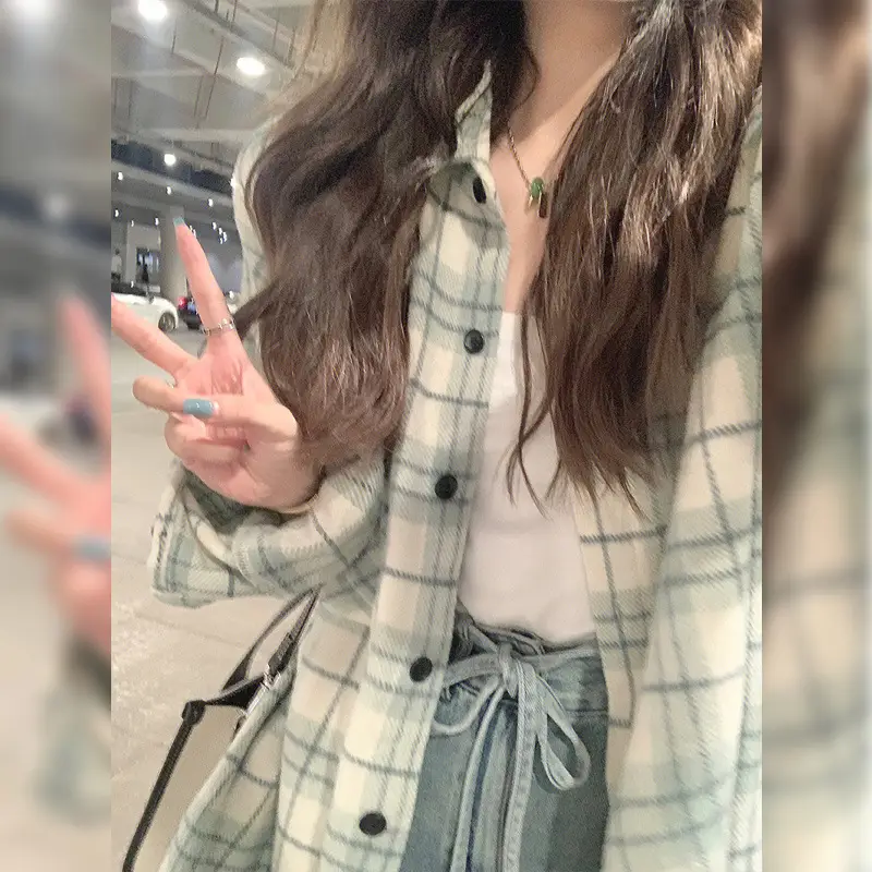 Women Plaid Coat Set Polo Collar Early Autumn Wear - Image 3