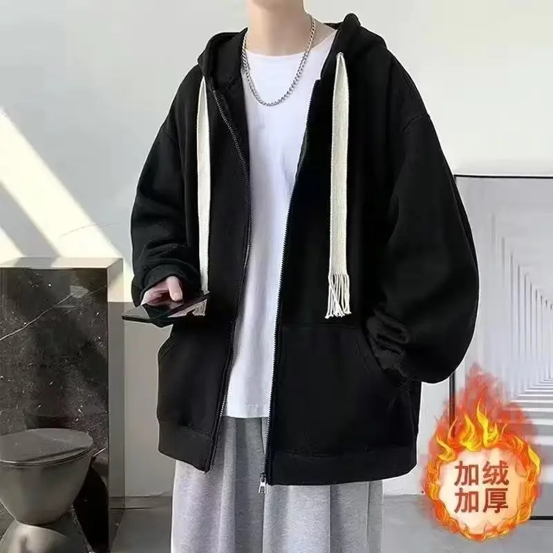 Men's Black Woven Rope Hooded Cardigan Sweater Oversize Coat - Image 3