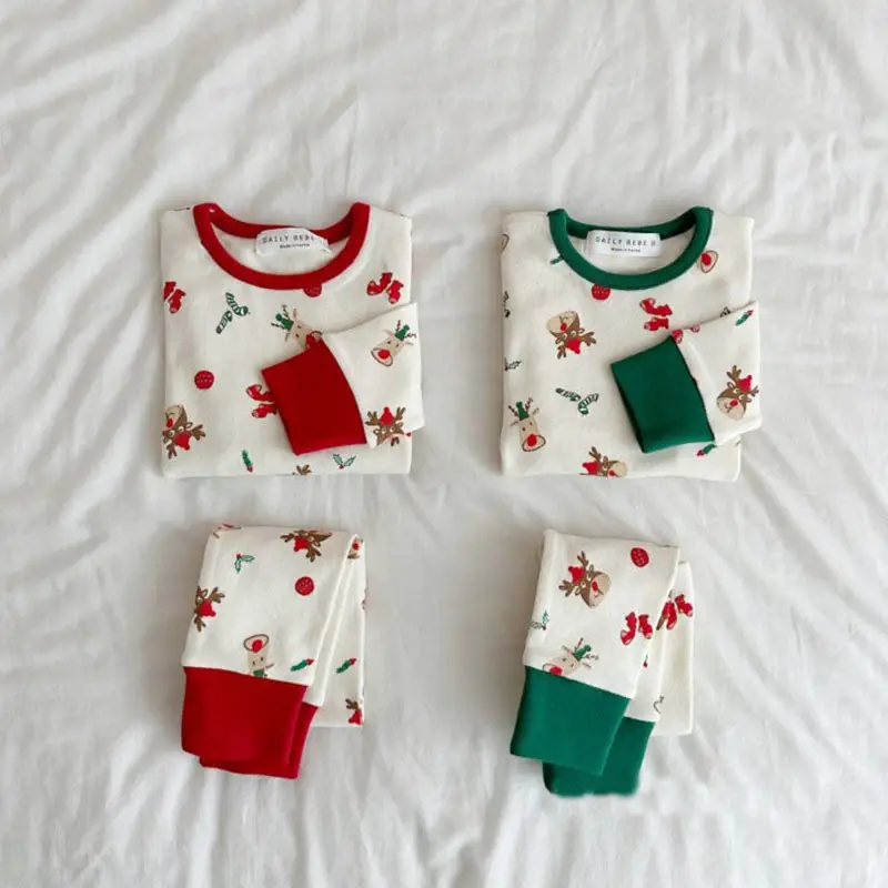 Korean Style Cotton Pajamas for Boys Girls Floral Green