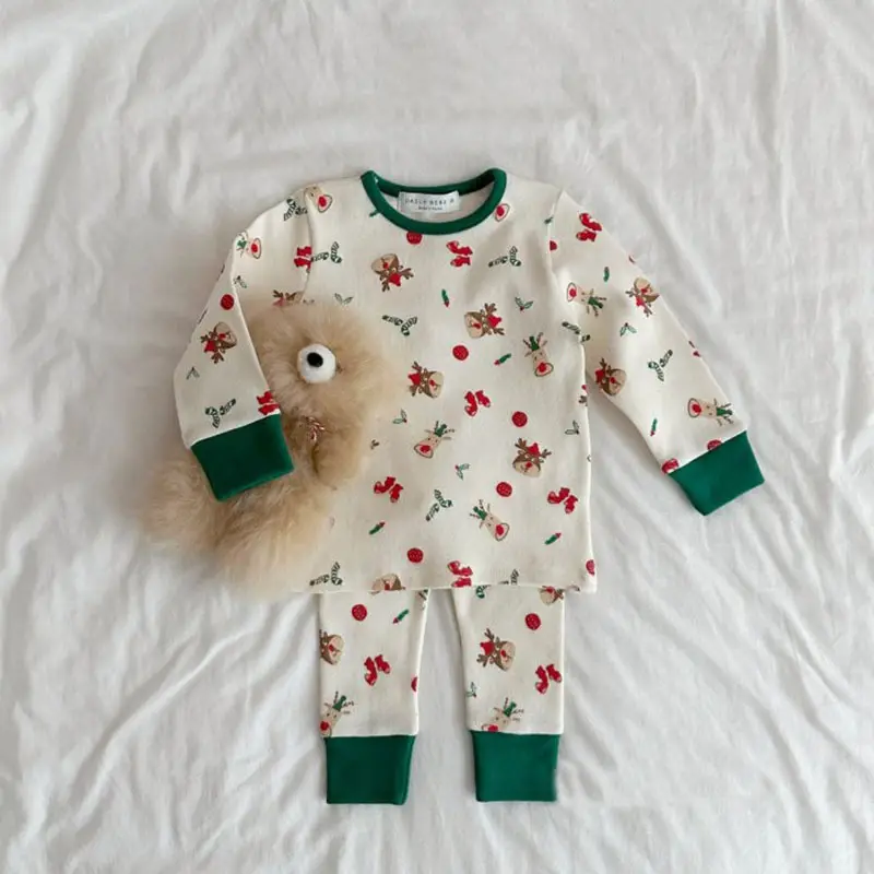 Korean Style Cotton Pajamas for Boys Girls Floral Green