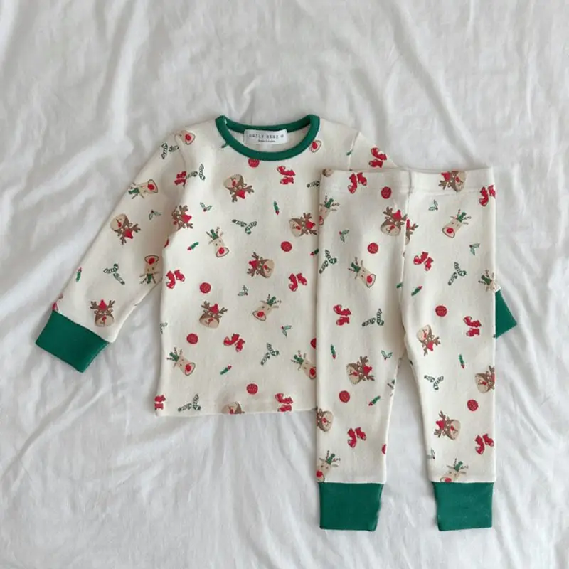 Korean Style Cotton Pajamas for Boys Girls Floral Green