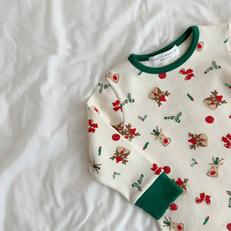 Korean Style Cotton Pajamas for Boys Girls Floral Green