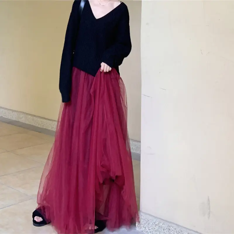 Fairy Mesh Skirt Red Mid Length Floor Long