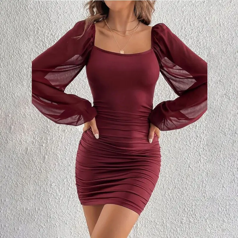 Maroon Mesh Cross-Border Skirt Dress for Women - Image 2