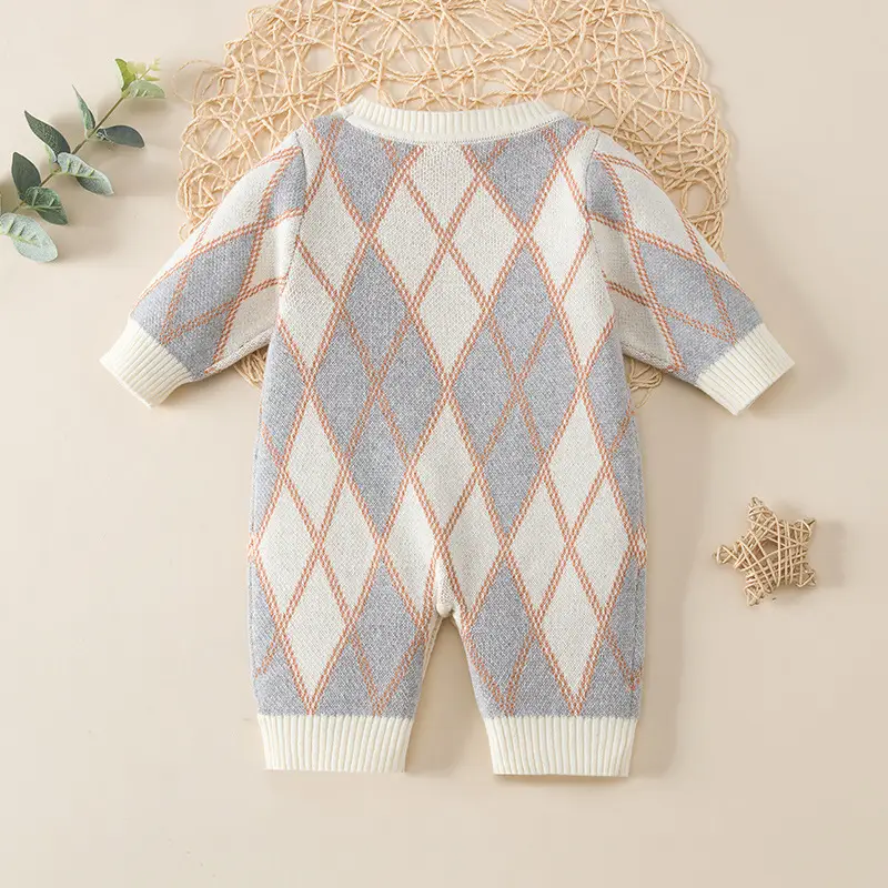 Baby Knitted Diamond Lattice Jump Suit Grey White - Image 3