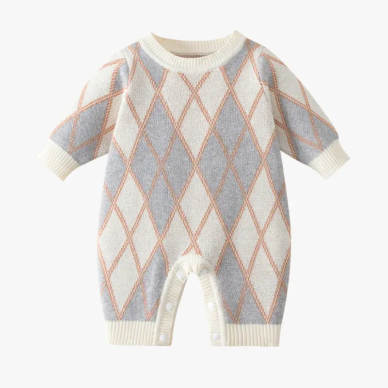 Baby Knitted Diamond Lattice Jump Suit Grey White - Image 6