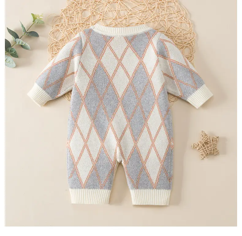 Baby Knitted Diamond Lattice Jump Suit Grey White — feature 2