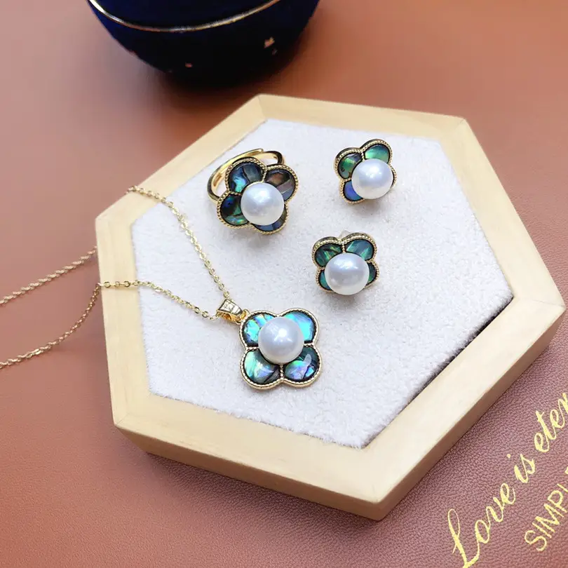 Pearl Flower Necklace Set with Abalone Shell Pendant - Image 5