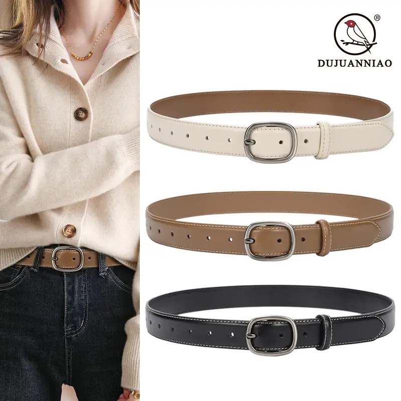 Women's Black Leather Belt with Buckle